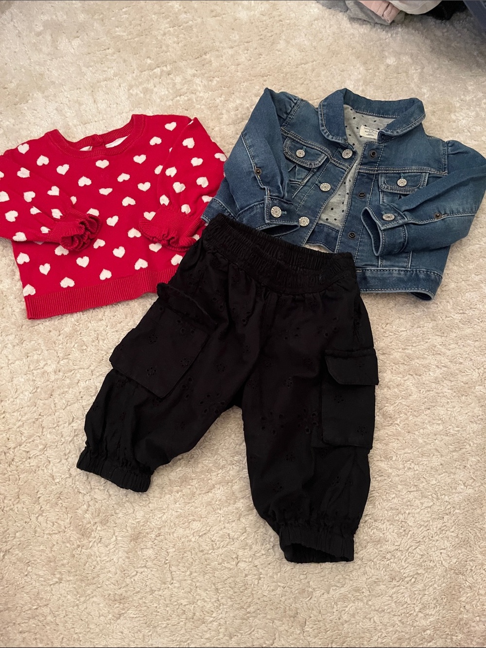 GAP Black Eyelet Cargo Joggers, Denim Jacket and adorable red heart sweater